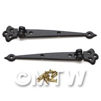 1/12th scale - 2x Dolls House Miniature Long Black Metal Hinges And Screws