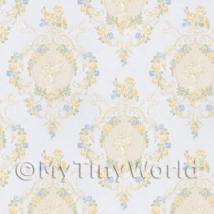 Dolls House Mixed Colour Damask Flower On Pale Blue Wallpaper