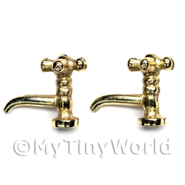 2x Dolls House Miniature Gold Coloured Metal Cross Top Sink Taps