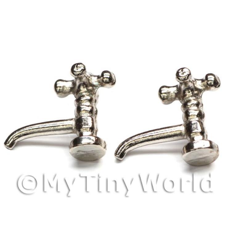 2 Dolls House Miniature Silver Coloured Metal Cross Top Sink Taps