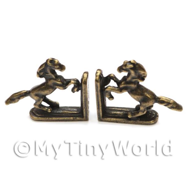 A Pair Of Dolls House Miniature Antique Brass Prancing Horse Book Ends