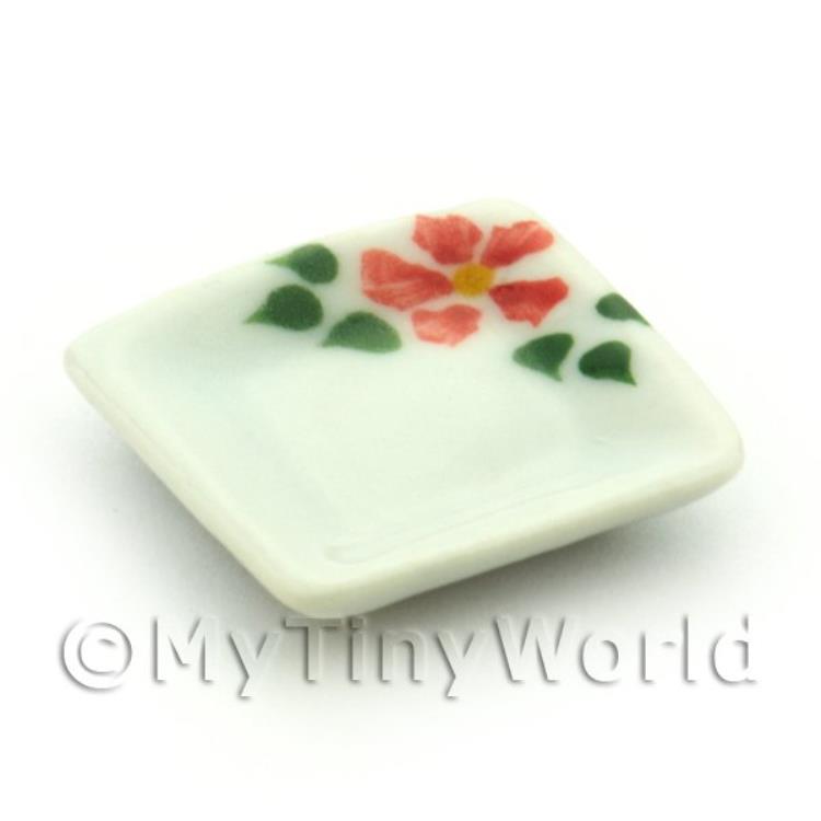 Dolls House Miniature Ceramic 21mm Square Plate With Hibiscus Design