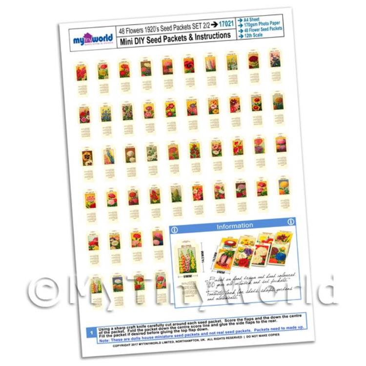 48 Dolls House Miniature Flower Seed Packets A4 Value Sheet Set 2