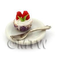 1/12th scale - Miniature Strawberry Cream Cupcake In A Violet Paper Cup On A Plate With A Fork