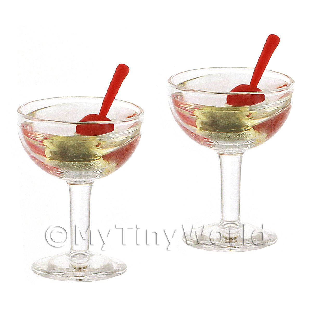 Dolls House Glassware 2 Miniature Astoria Cocktails In Curved Martini
