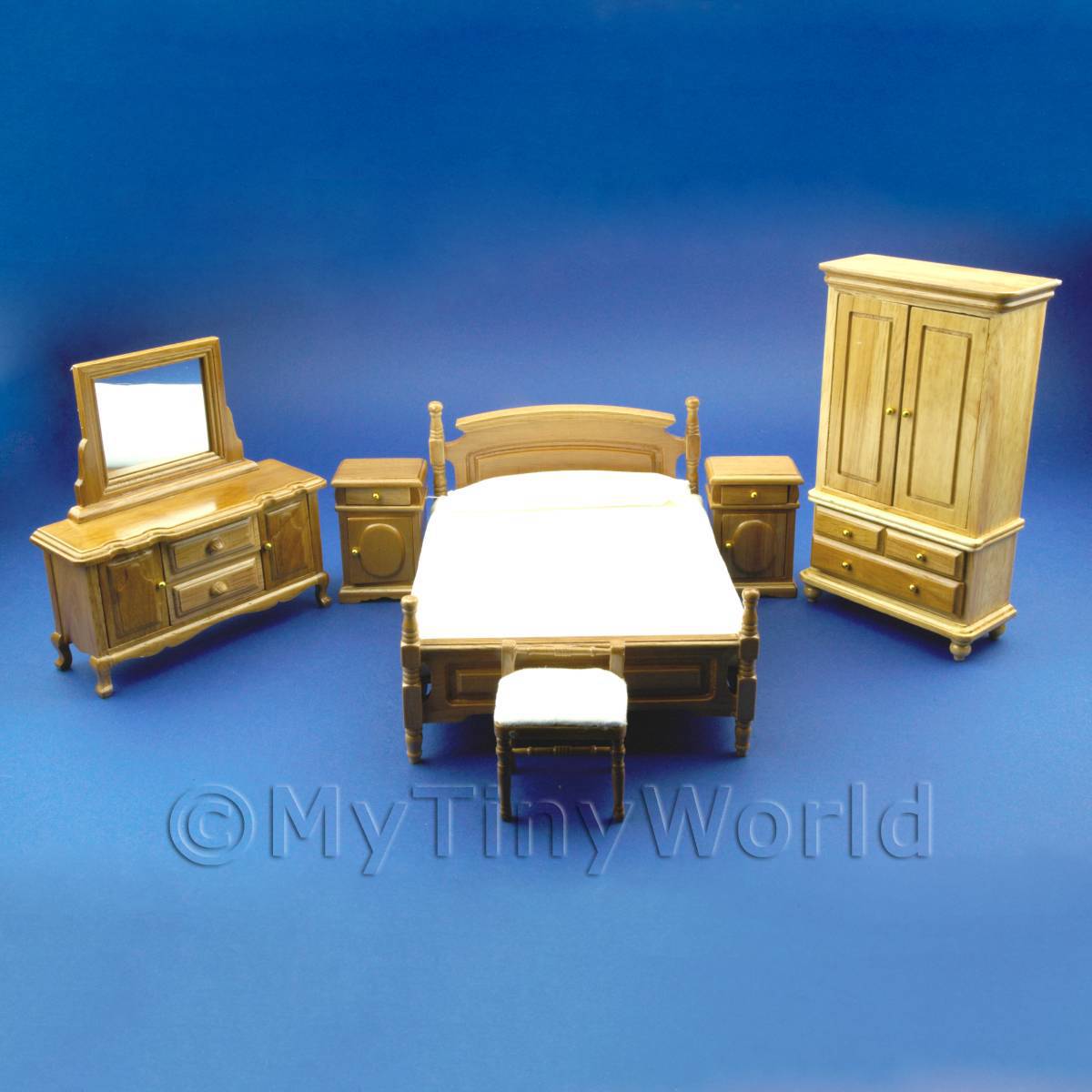 Dolls House Furniture (Value) 6 Piece Dolls House Miniature Complete Oak Bedroom Set Product