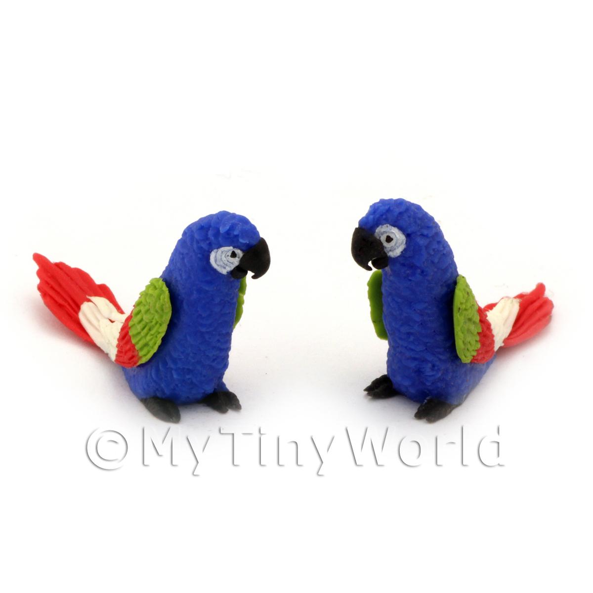 2 Blue Dolls House Miniature Parrots With Multi-colured Wings And Red Tails 
