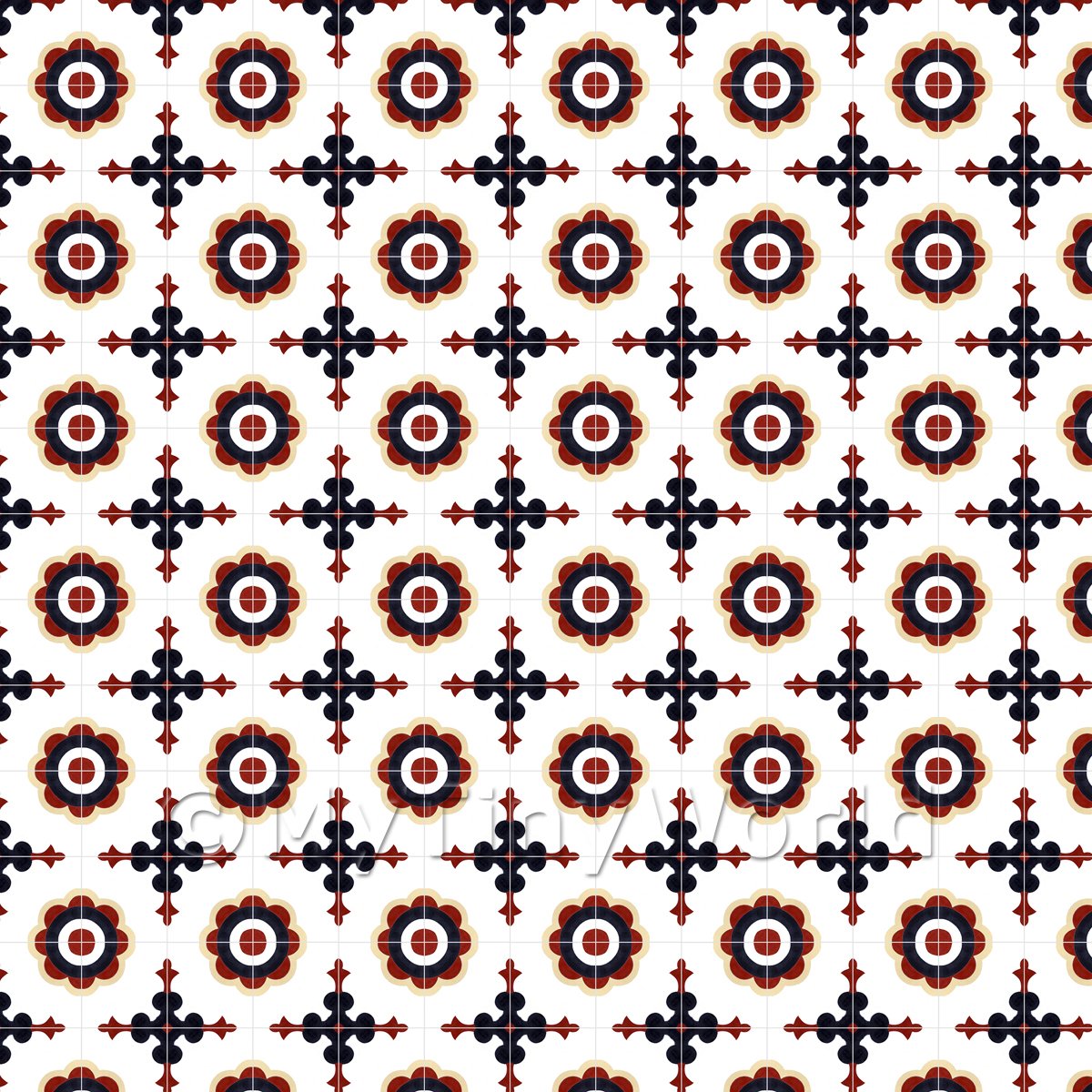 1:48th Dark Red and Navy Blue Target Design Tile Sheet With Grey Grout 