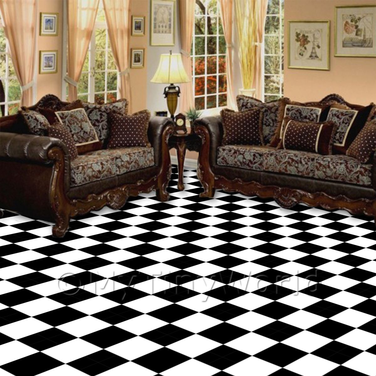 1:48th Classic Black And White Checkerboard Design Tile Sheet 