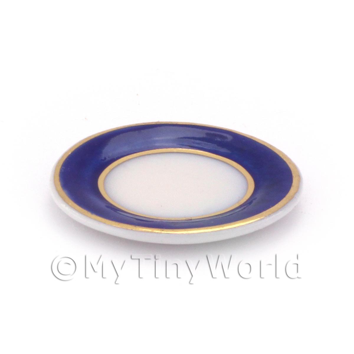 Dolls House Miniature Blue and Metallic Gold 26mm Oval Plate 