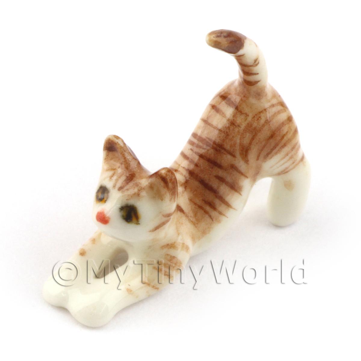 Dolls House Miniature Ceramic Grey Tabby Cat Stretching 