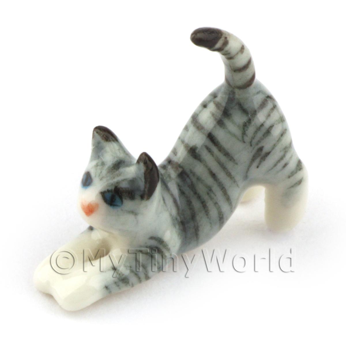 Dolls House Miniature  Ceramic Stretching Tabby Cat 