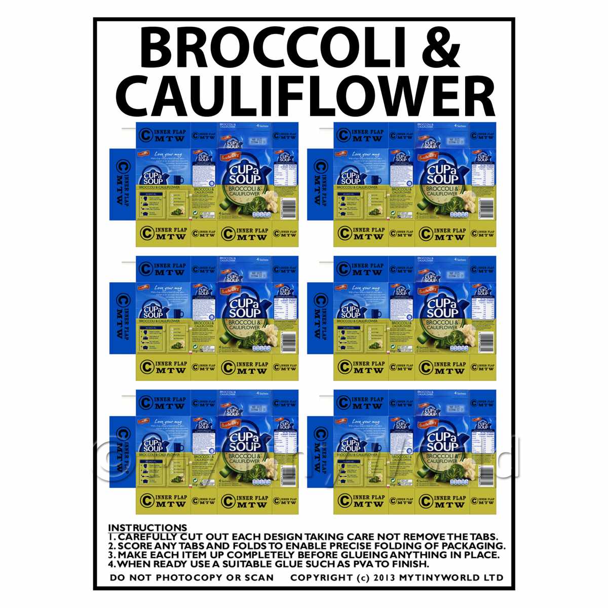 Dolls House Miniature Packaging Sheet Of 6 Broc & Cauli Cup A Soup 