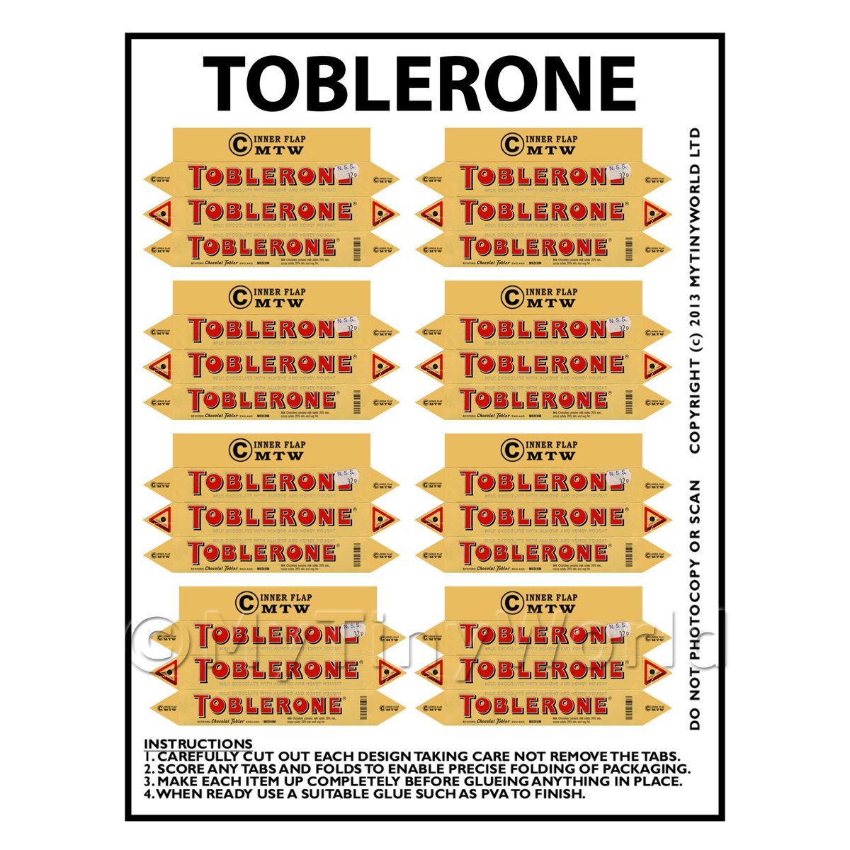 Dolls House Miniature Packaging Sheet of 8 Toblerone Boxes 