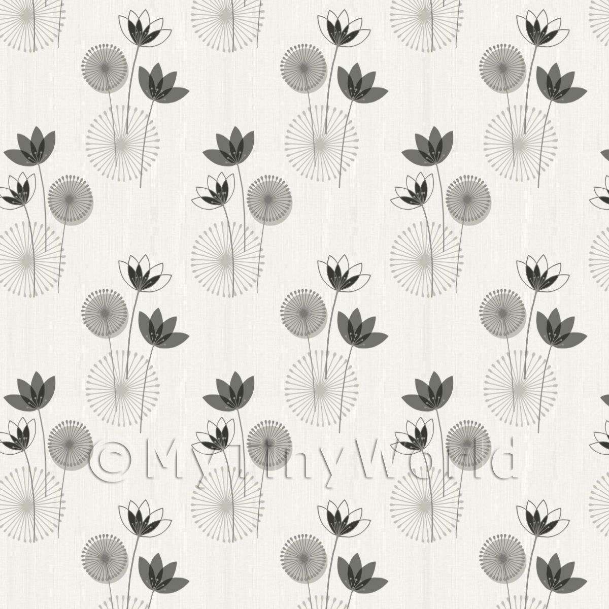 Dolls House Miniature Black And White Mixed Flowers On White Wallpaper 