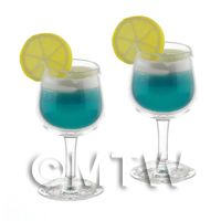 2 Miniature Blue Fizzy Cocktails In Handmade Glasses