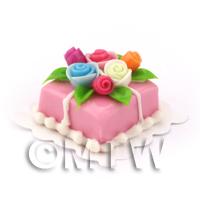 Dolls House Miniature Small Square Pink Cake With Roses