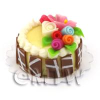 Dolls House Miniature Small Round Iced Cake With Flowers 