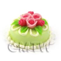 Dolls House Miniature Small Round Green Iced Cake With Roses