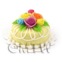 Dolls House Miniature Small Round Yellow Iced Cake With Roses 
