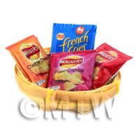 4 Dolls House Miniature Packs of Crisps in a Basket