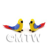 2 Yellow Dolls House Miniature Parrots with Blue Wings and Red Tail 