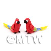 2 Red Dolls House Miniature Parrots With Multi-Coloured Wings