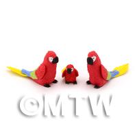 3 Red Dolls House Miniature Parrots With Multi-Coloured Wings