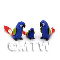 3 Blue Dolls House Miniature Parrots with Multi-Coloured Wings and Red Tails