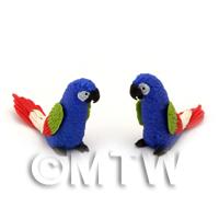 2 Blue Dolls House Miniature Parrots with Multi-Colured Wings and Red Tail