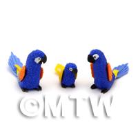 3 Blue Dolls House Miniature Parrots Multi-Coloured Wings 