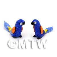 2 Blue Dolls House Miniature Parrots with Multi-Colured Wings 