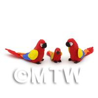 3 Red Dolls House Miniature Parrots With Multi Coloured Wings 