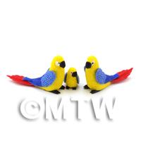 3 Yellow Dolls House Miniature Parrots with Blue Wings and Red Tail