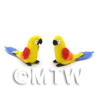 2 Yellow Dolls House Parrots with Multi-coloured Wings and Blue Tails