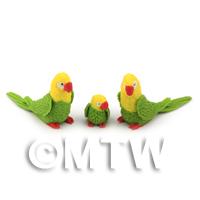 3 Green Dolls House Miniature and Yellow Parrots 