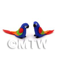 2 Blue Dolls House Miniature Parrots With Multi-Colured Wings And Red Tails