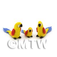 3 Yellow Dolls House Miniature Parrots with Multi-Coloured Wings 