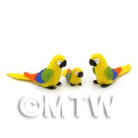 3 Yellow Dolls House Miniature Parrots with Multi-Coloured Wings