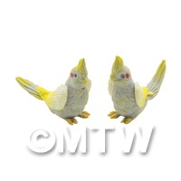 Pair of Dolls House Miniature Handmade Grey And Yellow Cockatoos 