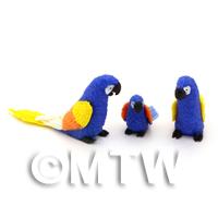 3 Blue Dolls House Miniature Parrots with Multi-Coloured Wings 
