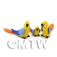 3 Yellow Dolls House Miniature Parrots With Blue Wings and Orange Tail