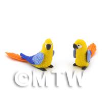 2 Yellow Dolls House Miniature Parrots With Blue Wings and Orange Tail