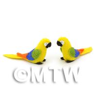 2 Yellow Dolls House Miniature Parrots with Multi-coloured Wings