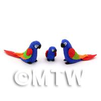 3 Blue Dolls House Miniature Parrots With Multi-Coloured Wings and Red Tails