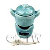 Dolls House Miniature Aquamarine Ceramic 4 Piece Fondue Set