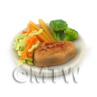 Dolls House Miniature Sirloin Steak on a  White Ceramic Plate With Vegetables