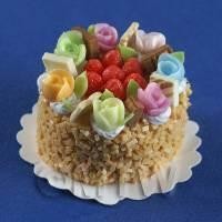 Dolls House Miniature Caramel Cake With Chocolate Pieces And Roses 