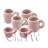 6 Dolls House Miniature Hint Of Pink Ceramic Cups And Mugs