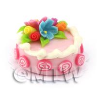 Dolls House Miniature Handmade Pink Flower Cake 